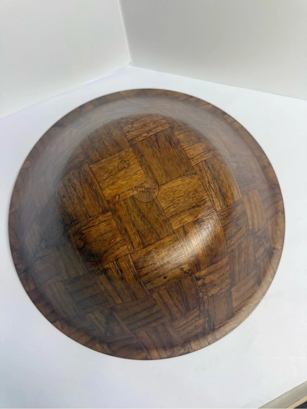 Weavewood Inc. Minneapolis Brown Parquet Wooden 14” Vintage Serving Bowl